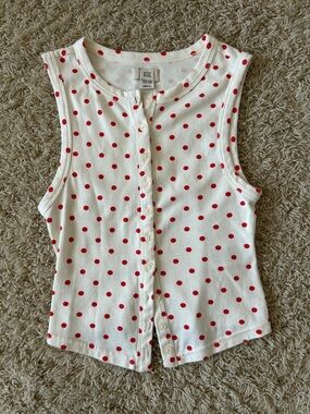 BDG Button-Front SleevelessTop - Ivory with Red Polka Dots Size XS